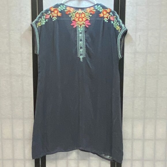 Johnny Was Cap Sleeve V Neck Embroidered Sheer Heidi Tunic Kaftan Blue Grey S - Picture 2 of 13